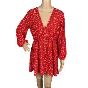Zara NEW Blogger Fav Red Ditsy Floral Long Sleeve Fit & Flare Dress SZ S